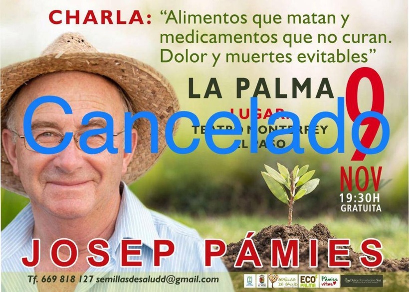 Cartel publicitario de Josep Pamies, conocido charlatán. Anuncia una charla en La Palma, que fue posteriormente cancelada.