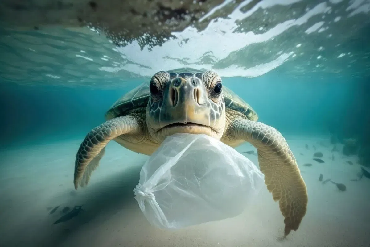 Una tortuga acecha a una bolsa de pl&aacute;stico