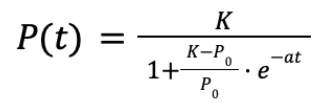 P(t) = K / [1 + {(K - P(0)) / P(0)} * e^(at) ]